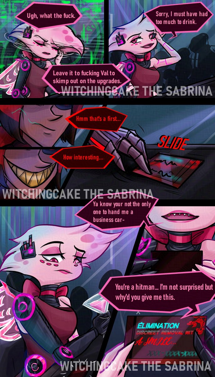 WitchingC's tweet image. Glitchhell Pg 18 - Business Card
#radiodust #alastor #angeldust #HazbinHotel #comic