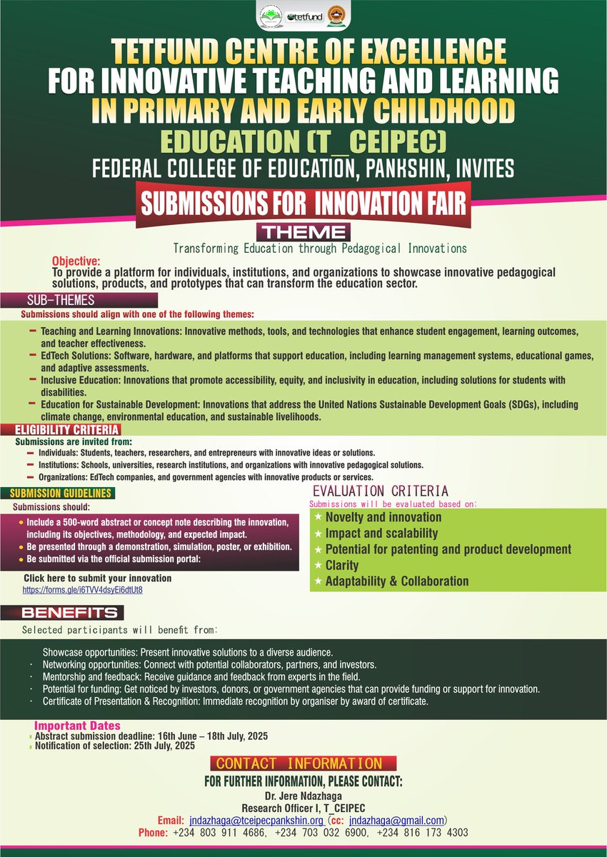 TETFUND(PANKSHIN) Centre of Excellence (@tetfund_pkn) on Twitter photo CONTACT INFORMATION
For further Information, please contact:
Dr. Jere Ndazhaga
(Research Ofiicer 1, T_CEIPEC)
Email: jndazhaga@tceipecpankshin.org (cc: jndazhaga@gmail.com)
Phone: +234 803 911 4686, +234 703 032 6900, +234 816 173 4303 CONTACT INFORMATION
For further Information, please contact:
Dr. Jere Ndazhaga
(Research Ofiicer 1, T_CEIPEC)
Email: jndazhaga@tceipecpankshin.org (cc: jndazhaga@gmail.com)
Phone: +234 803 911 4686, +234 703 032 6900, +234 816 173 4303