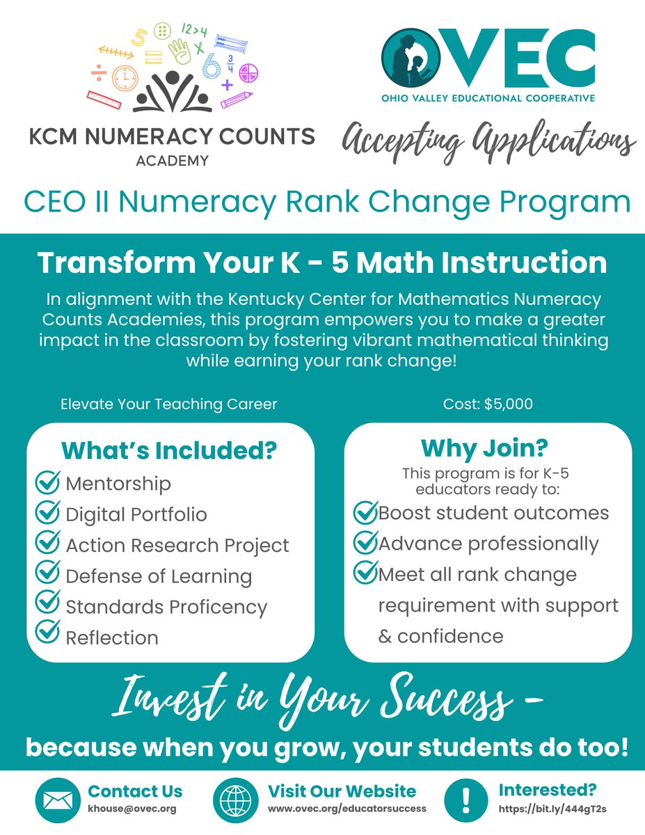 OVEC is launching our CEO II Numeracy Rank Change Program for K–5 teachers! Aligned with KY Center for Mathematics, it helps boost math instruction and earn your rank change. 💡📊 Learn more &amp; complete the interest form: bit.ly/444gT2s