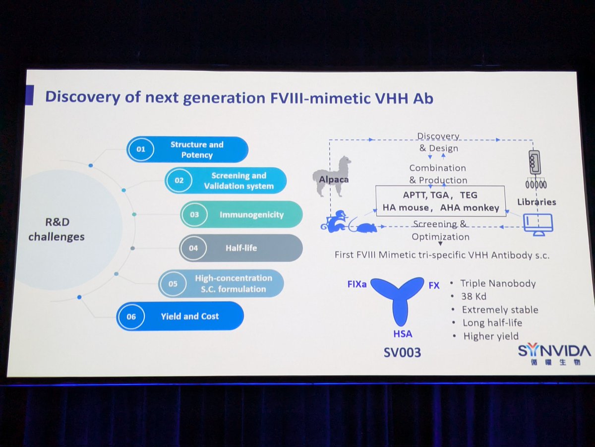 SV003 first triple specific antibody for #haemophilia A treatment. 10 x potency of emicizumab. Given subcut, in vivo &amp; in vitro models showed positive results &amp; human studies are due to start 2026. This is a high yield, low cost production molecule. #ISTH2025