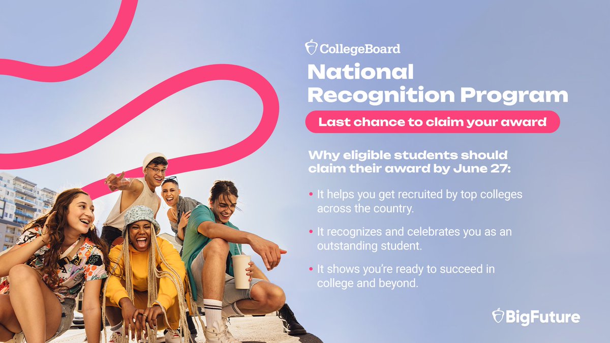 MyBigFuture's tweet image. Time is running out! ⏳ 

High-achieving students in the Class of 2026 and 2027 have until June 27 to see if they qualify for an award from The College Board #NationalRecognitionProgram. 🎓 🌟

Remind your students to check today: spr.ly/60104whVI