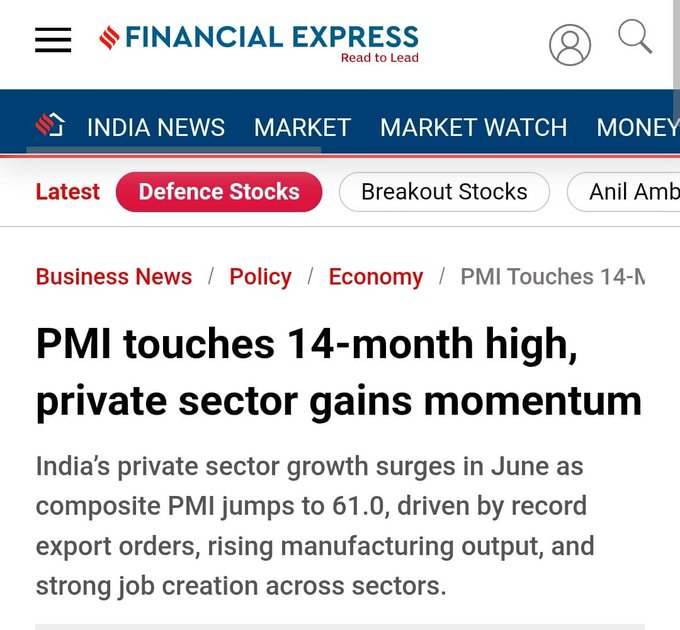 BharatKiNews_'s tweet photo. 🚨 Economy Gains Momentum! 🇮🇳📈
India’s private sector is surging — HSBC Flash Composite #PMI jumps to 61.0 in June, a 14-month high!

🔥 Powered by:
✅ Record export orders
✅ Booming manufacturing
✅ Strong job creation

#IndiaEconomy #PMI #ManufacturingBoom #ExportGrowth #Jobs #IndiaRising #BreakingNews