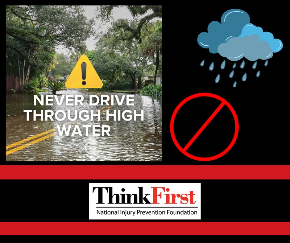 🌧️ Roads are slick &amp; dangerous in heavy rain.
⚠️ Never drive through high water — 6" can stall your car, 12" can sweep it away.

Tips:
✔️ Slow down
✔️ Headlights on
✔️ Keep distance
✔️ Turn around, don’t drown

#ThinkFirst #FloodSafety #RainyDayDriving #RoadSafety