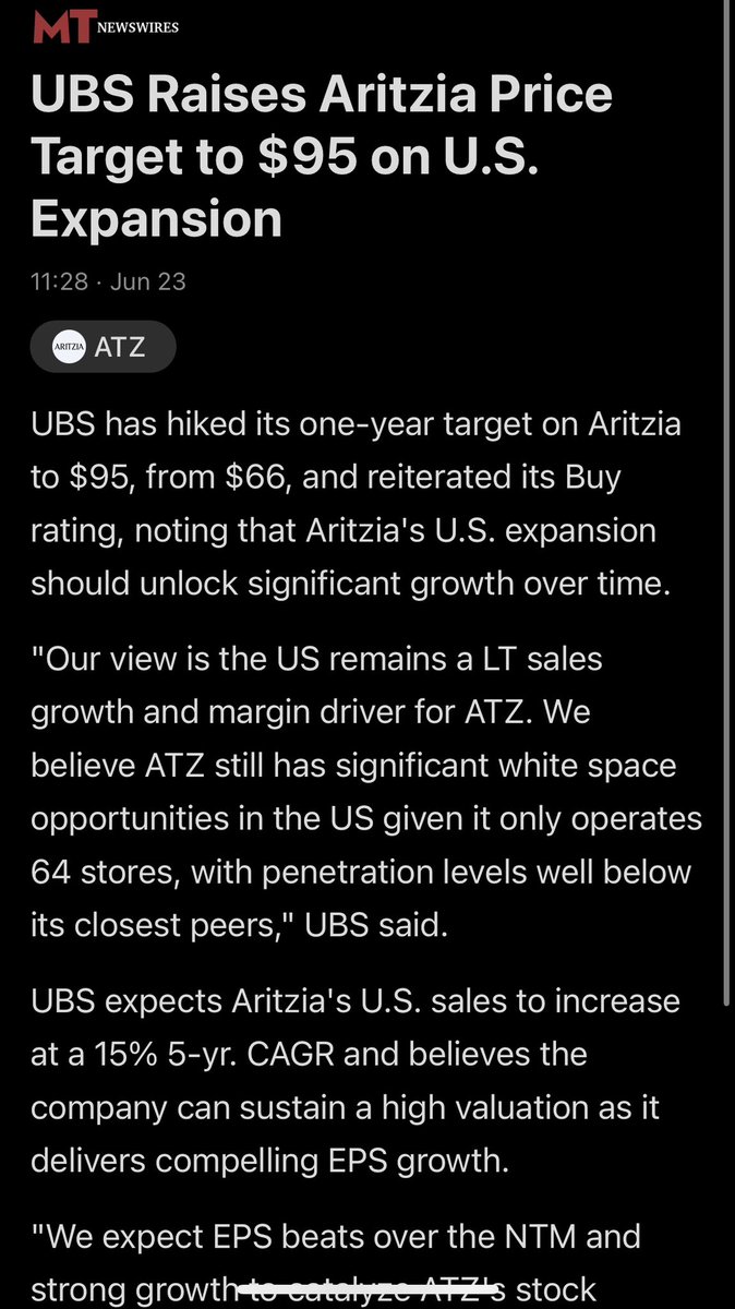 $ATZ.TO $ATZ UBS with a huge price target hike on Aritzia to $95. 

Sighting US expansion and "penetration levels well below its closest peers". 

Earnings coming early July.