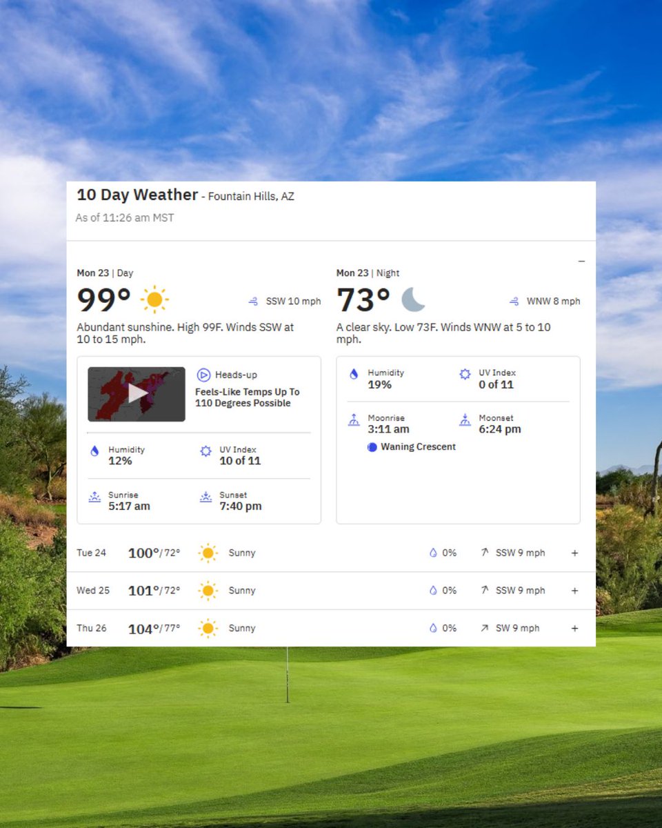 It’s always cooler in Fountain Hills—and so are the rates! ⛳️

Weekday rounds start at $67 ($55 for Access+), or just $49 after 2:30pm.

Tee it up at Eagle Mountain → troon.com/course/eagle-m…