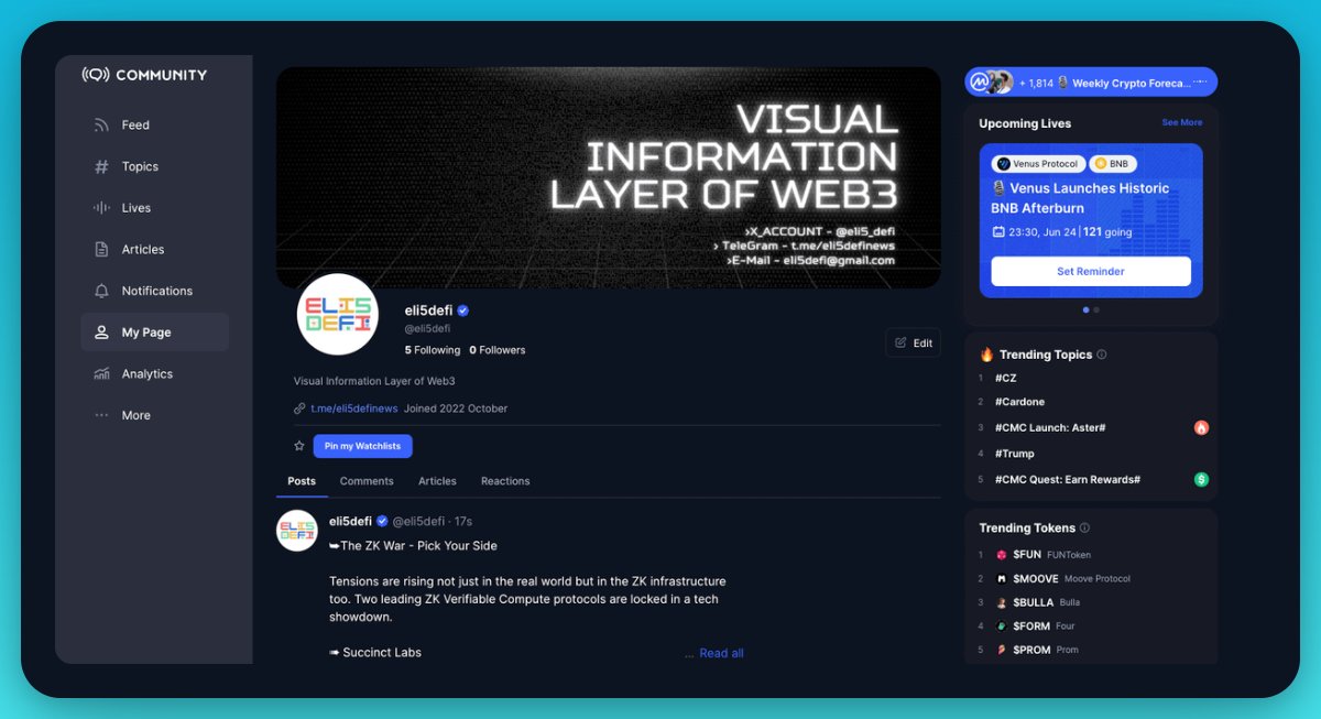 eli5_defi's tweet image. Eli5DeFi is now live and verified on @CoinMarketCap Community.

Follow and support us, and we’ll follow you back!