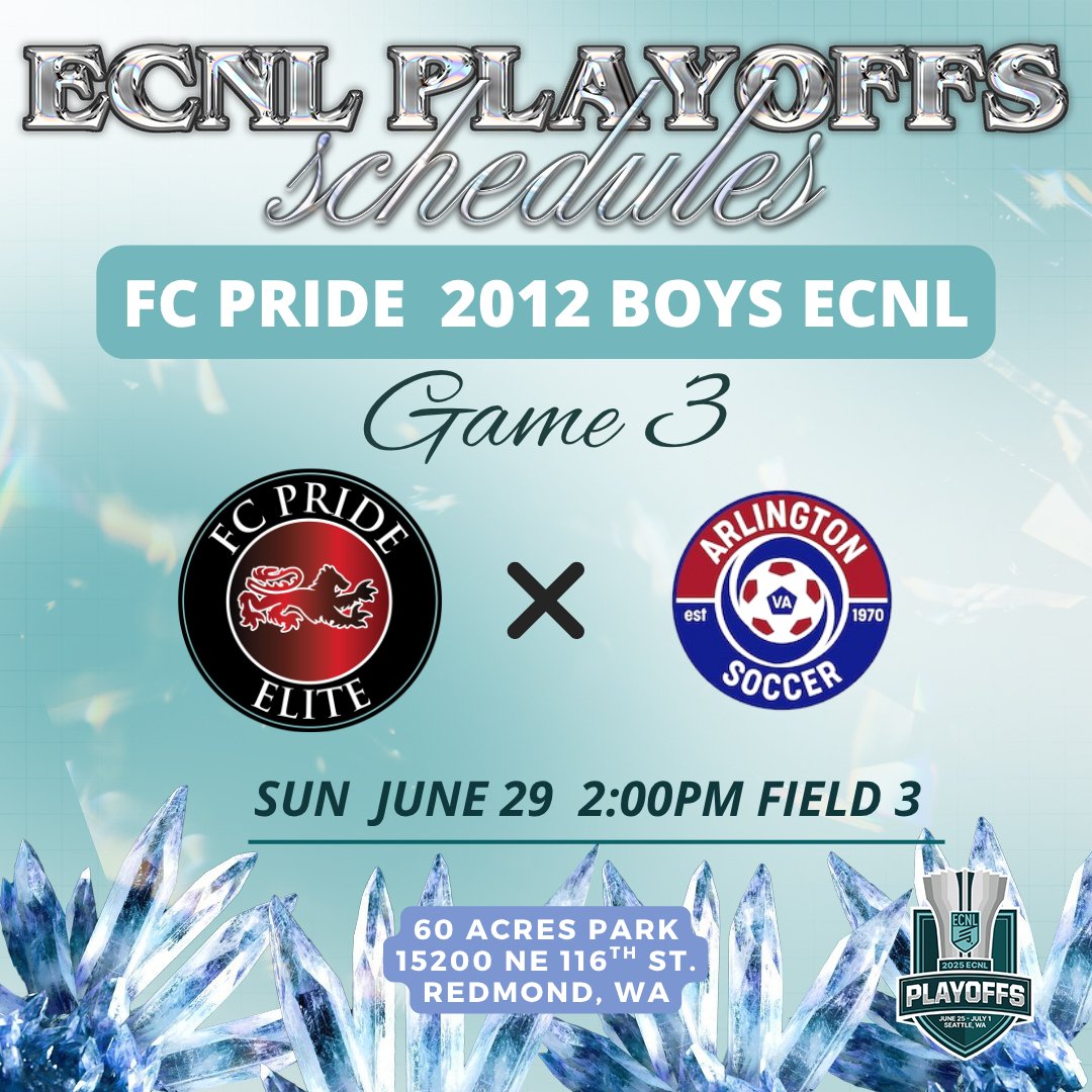 FCP_Boys_ECNL's tweet photo. ⚽️ ENCL PLAYOFFS GAME 3
👕 FC Pride 2012 Boys ECNL
🆚 @arlingtonsoccer 
📅  Sun, June 29
⌚️ 2:00pm
🏟️ 60 Acres Park
📍 Field 3

@FCPRIDESOCCER
@FCPride12BECNL https://t.co/cRtXo9iO6X