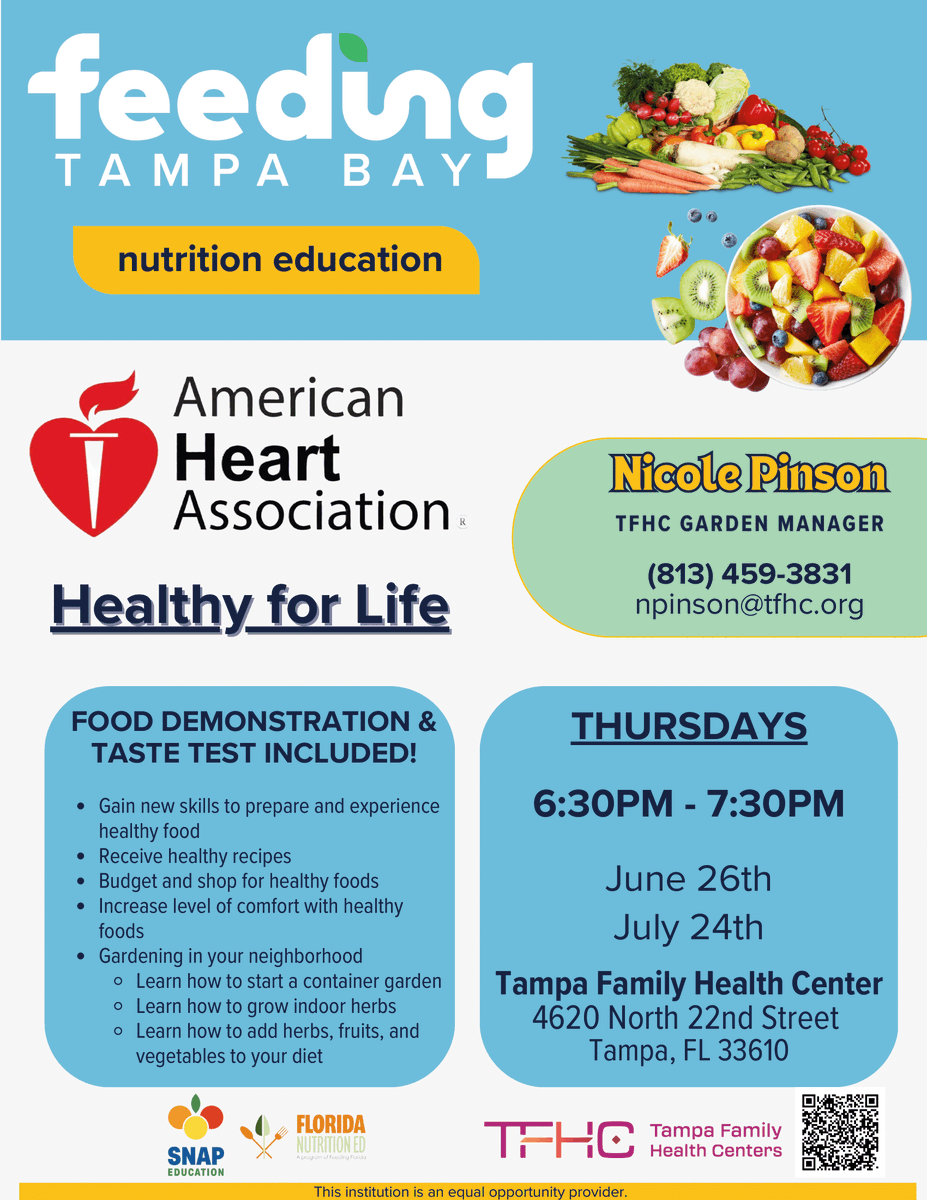 Tampa Family Health Centers (@tampafamhealth) on Twitter photo We’re cooking up something special this Thursday! 🥗
Join #TFHC Community Garden + <a href="/FeedingTampaBay/">Feeding Tampa Bay</a> for a free nutrition class.
📍 4620 N. 22nd St, Tampa, FL 33610
🕡 6:30–7:30 p.m.
Heart-healthy tips, tasty ideas—come hungry to learn!
#TFHCCommunityGarden #FeedingTampaBay We’re cooking up something special this Thursday! 🥗
Join #TFHC Community Garden + <a href="/FeedingTampaBay/">Feeding Tampa Bay</a> for a free nutrition class.
📍 4620 N. 22nd St, Tampa, FL 33610
🕡 6:30–7:30 p.m.
Heart-healthy tips, tasty ideas—come hungry to learn!
#TFHCCommunityGarden #FeedingTampaBay