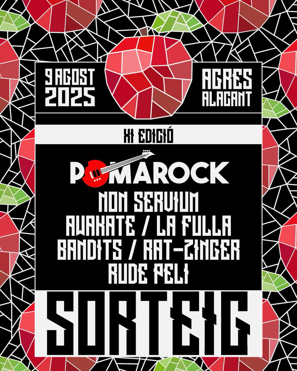 🍎🎸 SORTEIG 🎸🍎

‼️ Vols ser la guanyadora de dos entrades per al #PomaRock2025 i 40€ en barra? 🍻

Entra al nostre Instagram i segueix els passos, és molt senzill! 🚀🍎

🔴 El dijous 26 de juny es tanca el concurs i vos direm qui és la guanyadora 🏆

Vinga, participa!! 💪🏻