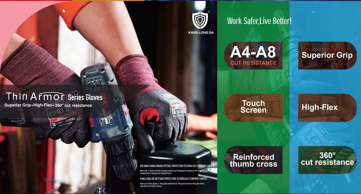 kld_da's tweet image. New full-featured, lower cost 21gg Thin Armor series range from KangLongDa. Ultra thin, naturally touchscreen capable. Available in A4-A8! hashtag#PPE hashtag#gloves hashtag#Safety