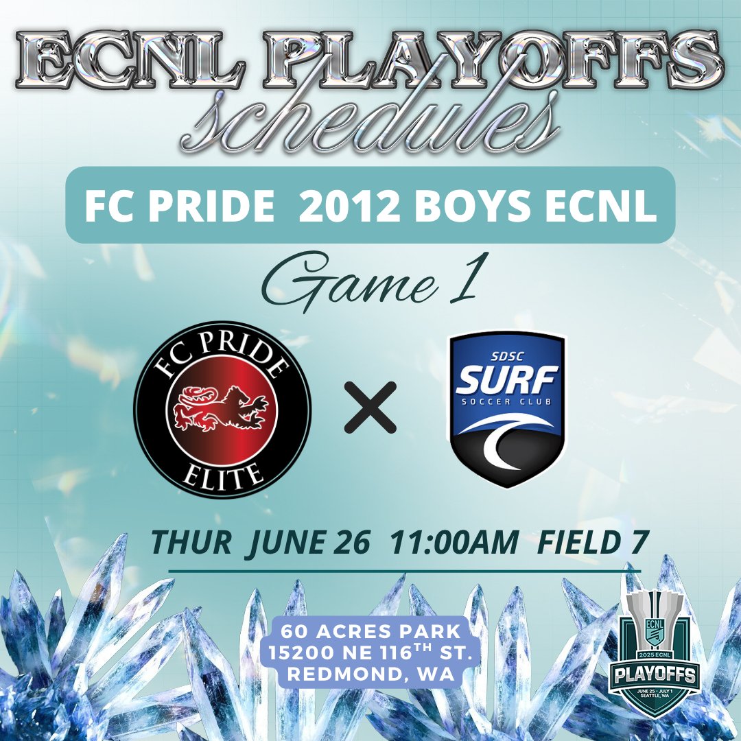 FCP_Boys_ECNL's tweet photo. ⚽️ ENCL PLAYOFFS GAME 1
👕 FC Pride 2012 Boys ECNL
🆚 @SurfSoccerClub 
📅  Thurs, June 26
⌚️ 11:00am
🏟️ 60 Acres Park
📍 Field 7

@FCPRIDESOCCER
@FCPride12BECNL https://t.co/krSJKdOrq0