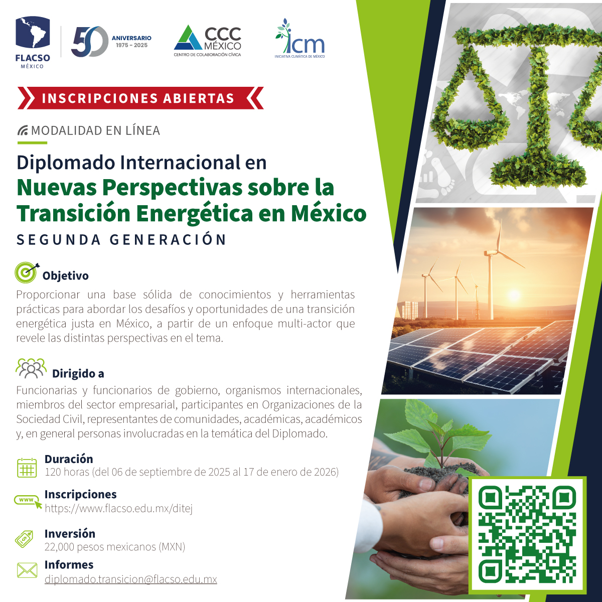 ¡Inscripciones abiertas! Sé parte de la 2ª edición del #Diplomado Internacional en Nuevas Perspectivas sobre la #TransiciónEnergética en #México, un programa teórico-práctico diseñado para reflexionar y actuar frente a los retos de una transición energética justa en el país.