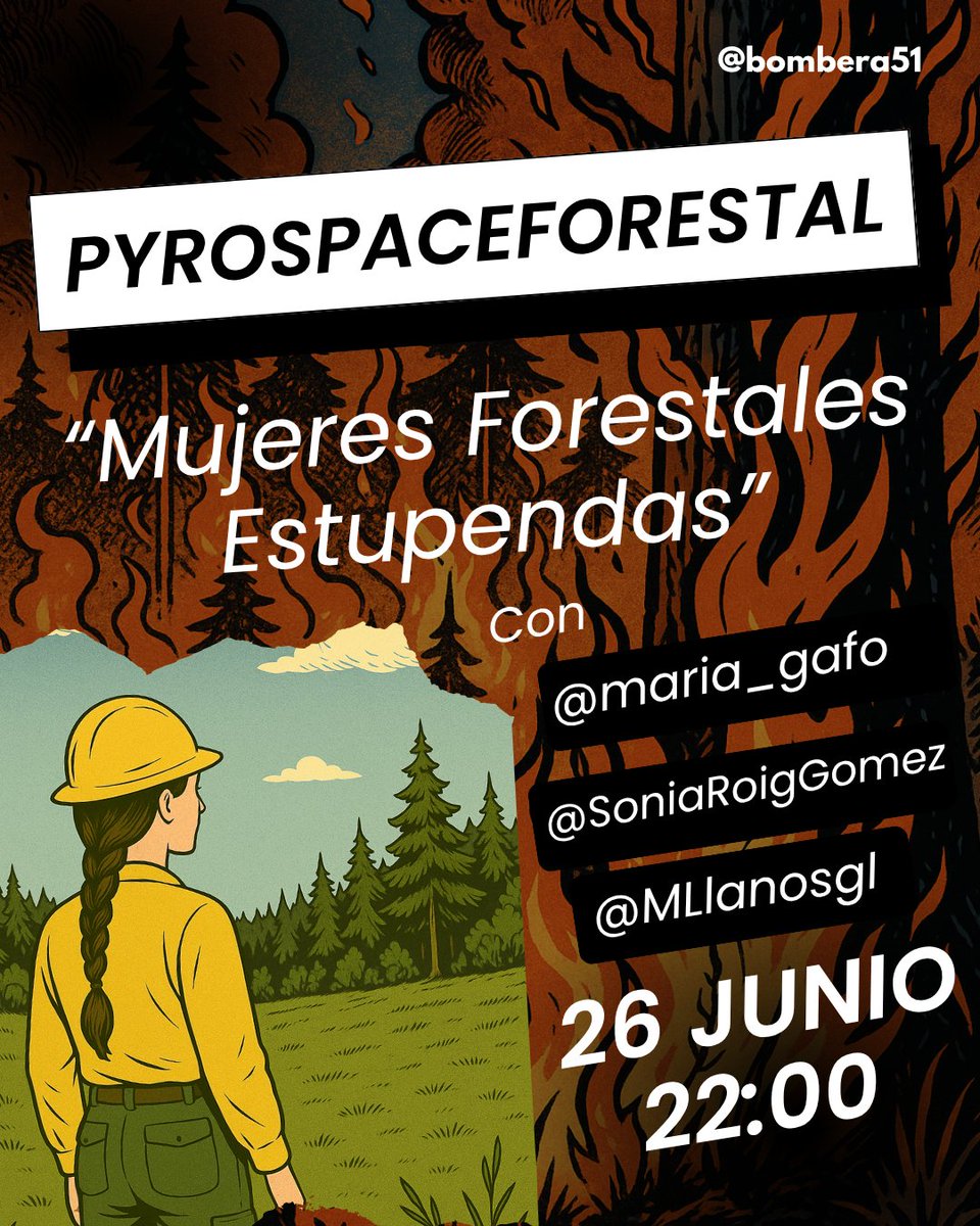 Bombera 51 🌲🔥🚒 (@vanesamolinafde) on Twitter photo El #PyroSpaceForestal de este jueves está lleno de "Mujeres Forestales Estupendas" <a href="/maria_gafo/">Maria Gafo</a> <a href="/SoniaRoigGomez/">Sonia Roig</a> y <a href="/MLlanosgl/">Llanos García</a> Nos contaran como surgió la idea de este grupo tan fantástico,no os lo podéis perder. Y os mostraremos que cuando las mujeres nos unimos todo es posible 😜 El #PyroSpaceForestal de este jueves está lleno de "Mujeres Forestales Estupendas" <a href="/maria_gafo/">Maria Gafo</a> <a href="/SoniaRoigGomez/">Sonia Roig</a> y <a href="/MLlanosgl/">Llanos García</a> Nos contaran como surgió la idea de este grupo tan fantástico,no os lo podéis perder. Y os mostraremos que cuando las mujeres nos unimos todo es posible 😜