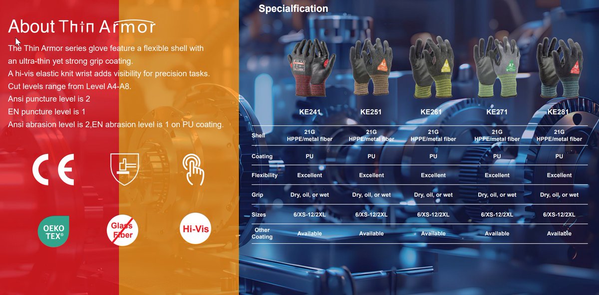 kld_da's tweet image. New full-featured, lower cost 21gg Thin Armor series range from KangLongDa. Ultra thin, naturally touchscreen capable. Available in A4-A8! hashtag#PPE hashtag#gloves hashtag#Safety