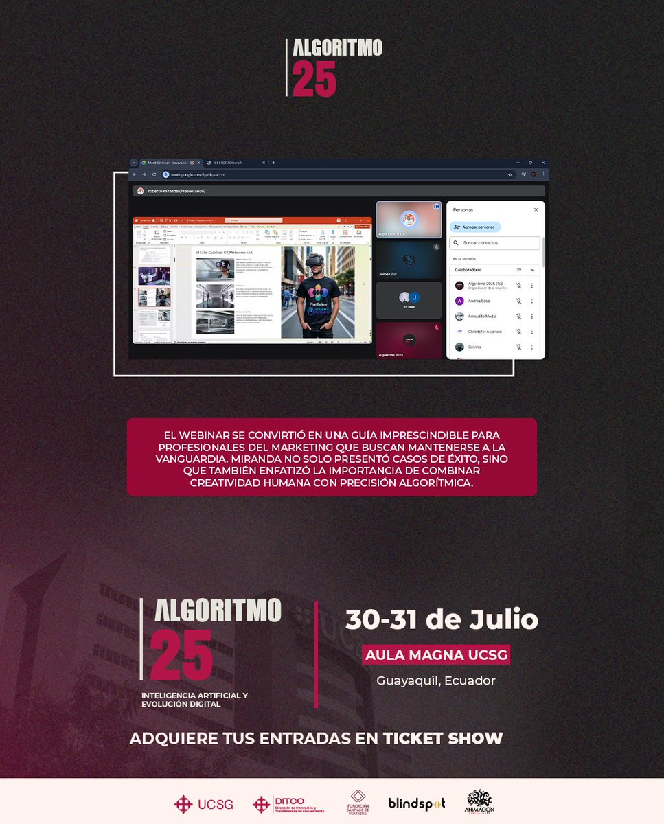 algoritmoucsg's tweet image. 🤩 ¡Éxito total en este webinar exclusivo con Roberto Miranda!

🎟️ No te olvides de adquirir tus entradas en Ticket Show o en el piso 10 del edificio de Posgrado UCSG.

#Algoritmo25 #FuturoTech #IA #TransformaciónDigital #Innovación #Emprendimiento #UCSG