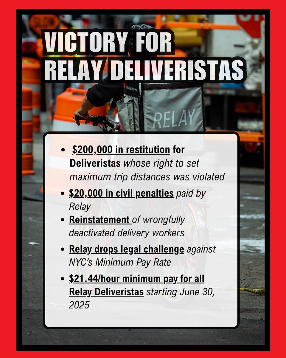 Los Deliveristas Unidos (@losdeliveristas) on Twitter photo 🚨 VICTORY! 🚨
Deliveristas fought. <a href="/helloDCWP/">NYC Consumer and Worker Protection</a> stood with us.
Now Relay must:
💰 Pay $200K
🔁 Reinstate workers
⚖️ Follow the law
💸 $21.44/hr by 6/30
Thanks <a href="/helloDCWP/">NYC Consumer and Worker Protection</a> for backing <a href="/LosDeliveristas/">Los Deliveristas Unidos</a>.
This is what winning looks like! ✊🔥 #DeliveristasUnidos 🚨 VICTORY! 🚨
Deliveristas fought. <a href="/helloDCWP/">NYC Consumer and Worker Protection</a> stood with us.
Now Relay must:
💰 Pay $200K
🔁 Reinstate workers
⚖️ Follow the law
💸 $21.44/hr by 6/30
Thanks <a href="/helloDCWP/">NYC Consumer and Worker Protection</a> for backing <a href="/LosDeliveristas/">Los Deliveristas Unidos</a>.
This is what winning looks like! ✊🔥 #DeliveristasUnidos