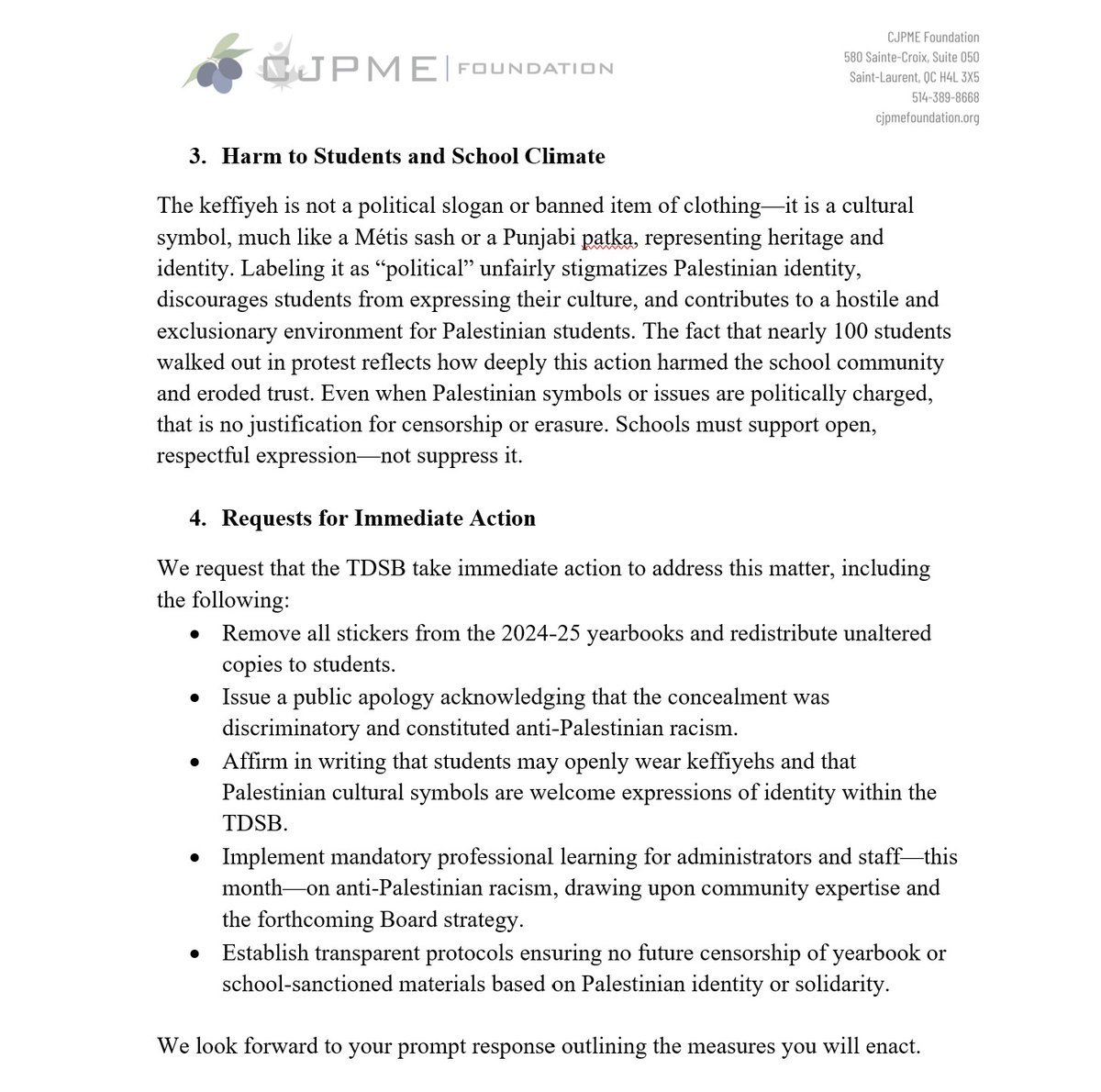 OpposeAPR's tweet image. We've sent a letter to the TDSB demanding accountability for censoring a yearbook photo of students in keffiyehs at Ursula Franklin Academy.
Claiming that the political aspects of Palestinian identity justify its erasure is a form of APR. 
cjpmefoundation.org/pr_2025_06_23_…