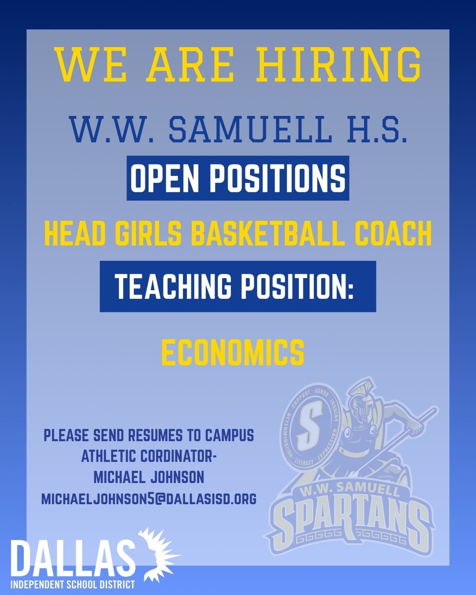 Michael Johnson (@techjohnsondog) on Twitter photo 🚨 We’re Hiring!
Looking for a passionate coach to lead our Lady Spartans Basketball Program in the heart of Pleasant Grove 🏀
📩 Send resumes to: michaeljohnson5@dallasisd.org
#CoachOpening #GroveSide #ChaseTheBattle 🚨 We’re Hiring!
Looking for a passionate coach to lead our Lady Spartans Basketball Program in the heart of Pleasant Grove 🏀
📩 Send resumes to: michaeljohnson5@dallasisd.org
#CoachOpening #GroveSide #ChaseTheBattle
