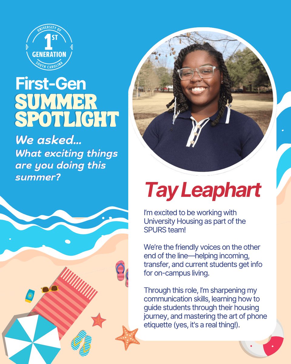 USCFIRST_GEN's tweet image. Meet Tay Leaphart, a SPURS team member with University Housing this summer!
If you are first-gen and would also like to share your summer plans, submit the First-Gen Spotlight form at: bit.ly/first-gen-spot…
We always want to hear what's new with our #FirstGenGamecocks @UofSC!