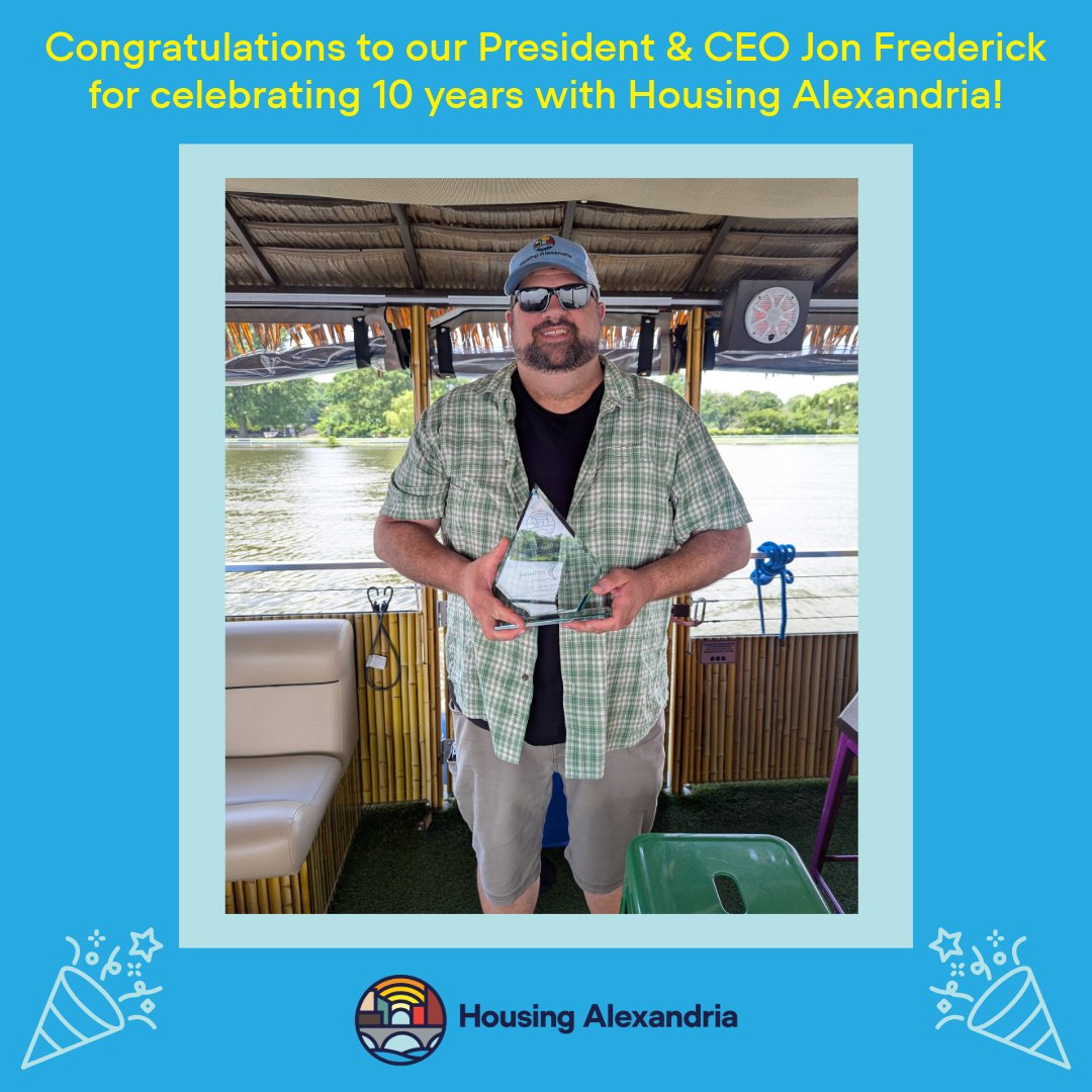 Our President &amp; CEO Jon Frederick just hit his 10 year mark with Housing Alexandria. He has worked tirelessly for 10 years to help Alexandrians have access to affordable housing and has seen the organization's impact grow exponentially. Please join us in congratulating him!
