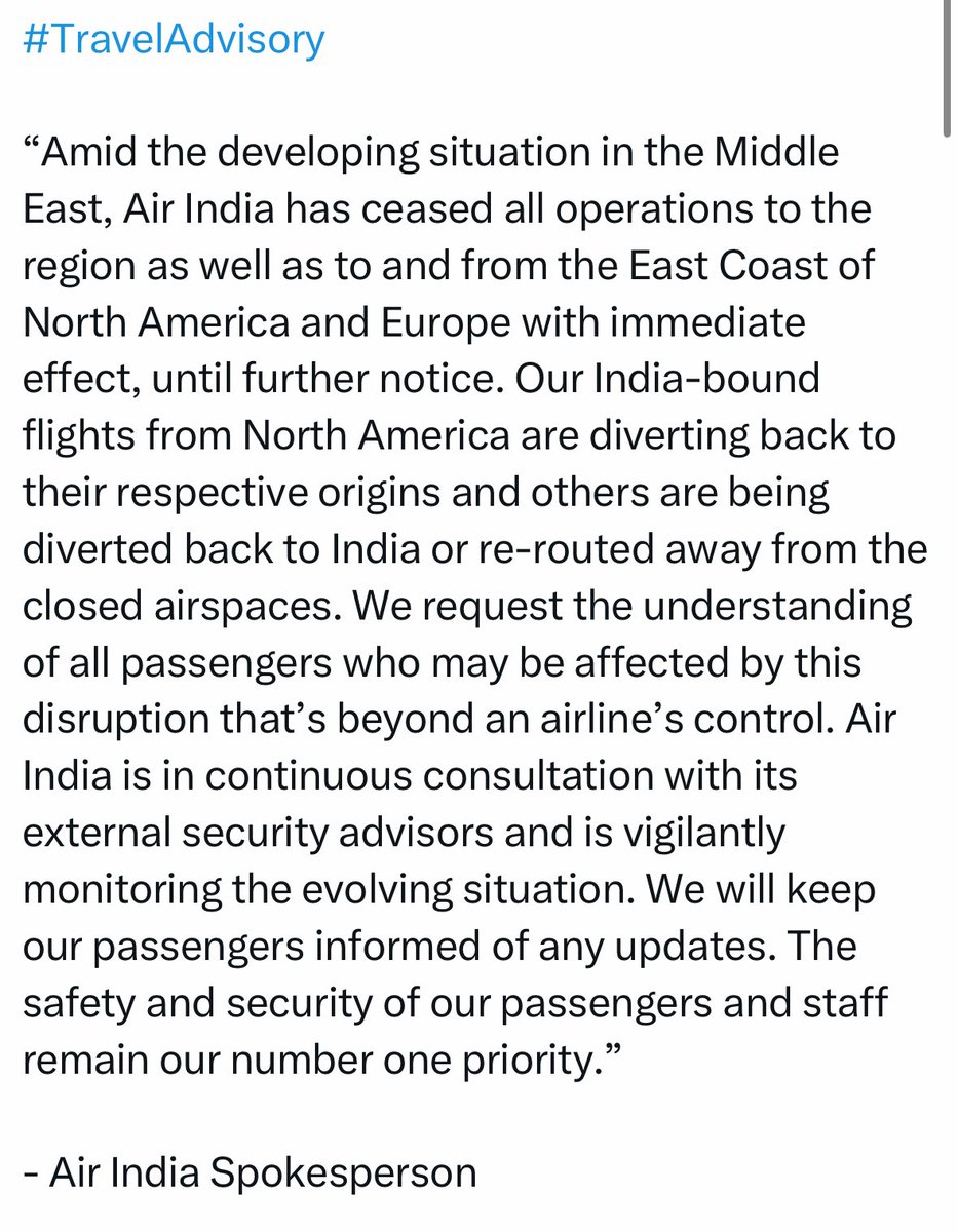 rsrobin1's tweet image. #TravelAdvisory 
“Amid the developing situation in the Middle East, Air India has ceased all operations to the region as well as to and from the East Coast of North America and Europe with immediate effect, until further notice”.

- Air India Spokesperson
