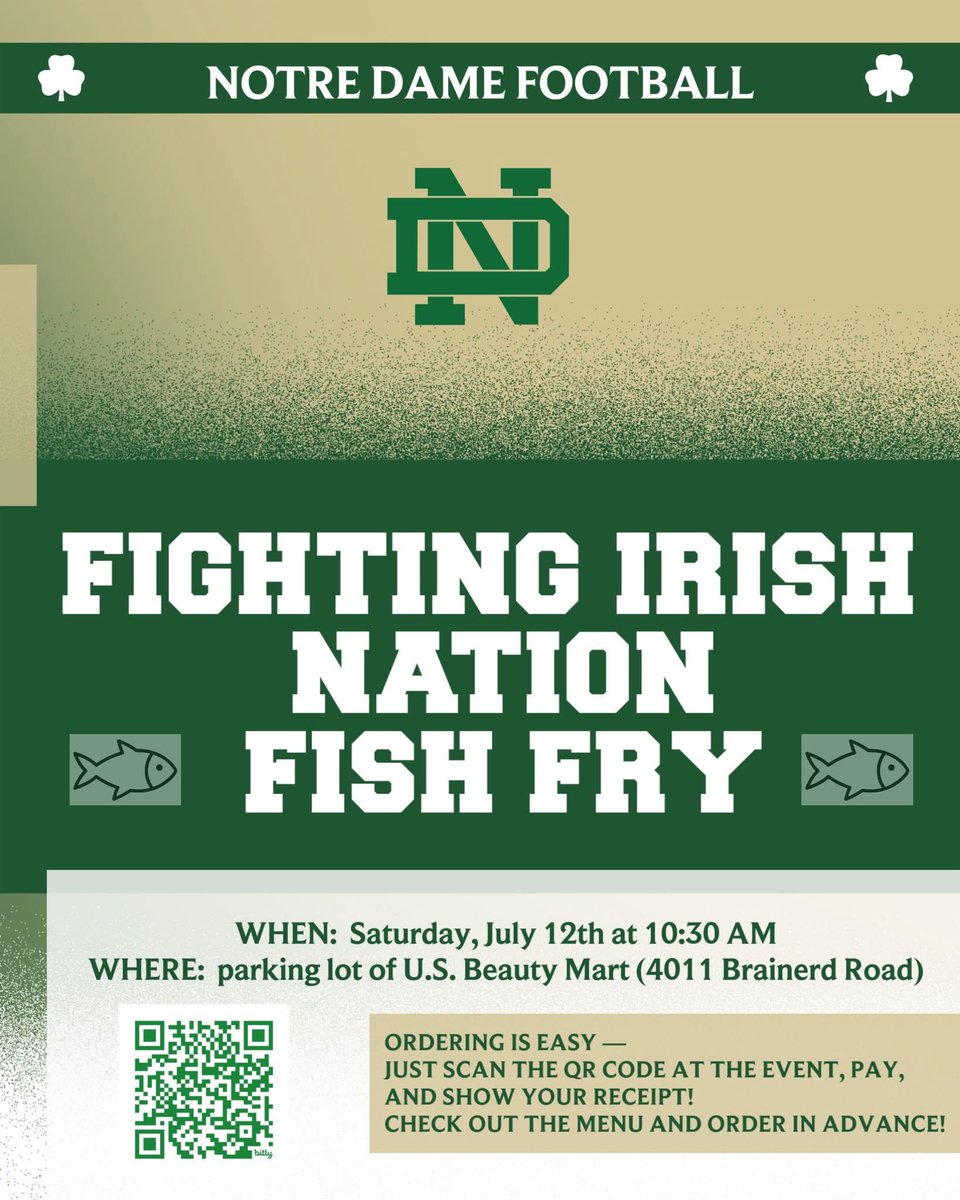 Notre Dame High School Athletics (@ndchattathletic) on Twitter photo Get ready for great food and even better fellowship — the Fighting Irish Nation Fish Fry 🐠 is happening on Saturday, July 12 in the heart of Brainerd! See details 👇 <a href="/NDChattFootball/">Notre Dame High School Football</a>
➡ bit.ly/4eg4iy7 Get ready for great food and even better fellowship — the Fighting Irish Nation Fish Fry 🐠 is happening on Saturday, July 12 in the heart of Brainerd! See details 👇 <a href="/NDChattFootball/">Notre Dame High School Football</a>
➡ bit.ly/4eg4iy7