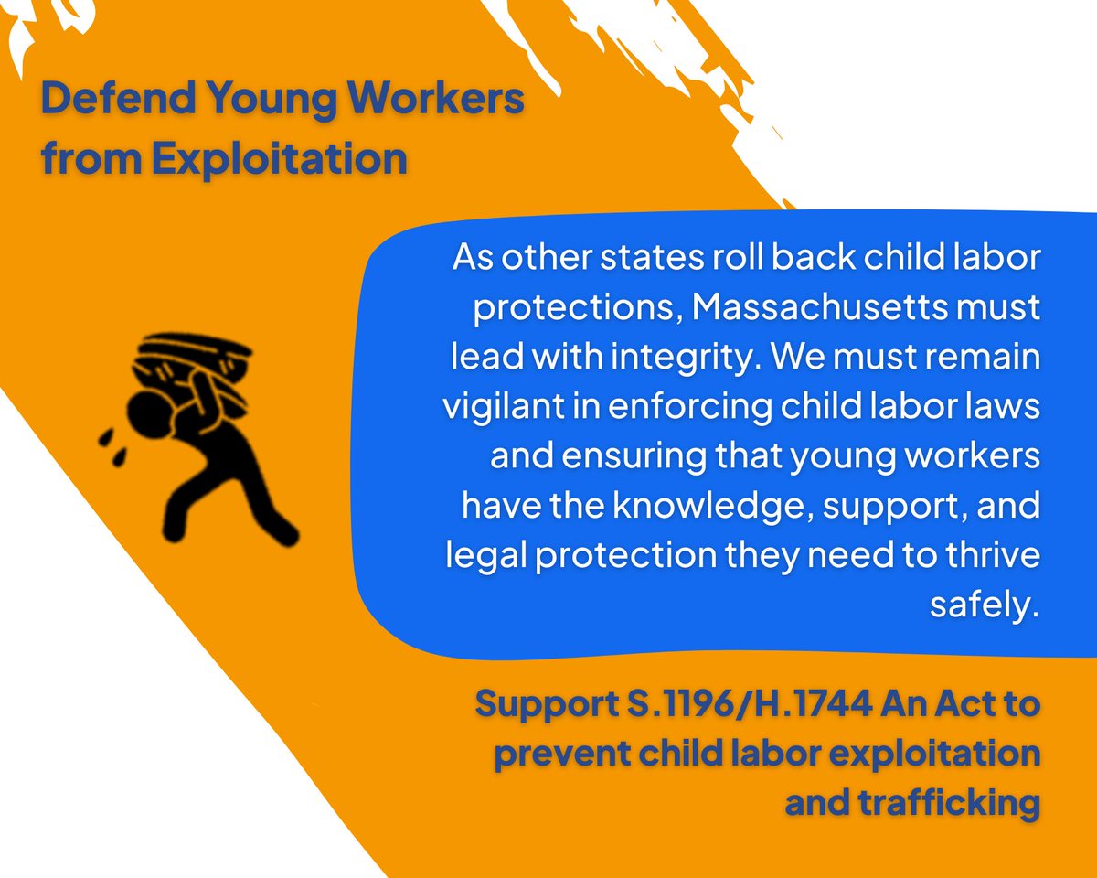 As other states roll back child labor protections, Massachusetts must lead with integrity.

Support S.1196/H.1744 An Act to prevent child labor exploitation and trafficking: legiscan.com/MA/bill/S1196/…

#OccupationalSafetyandHealth
#workersrights
#MALegislature