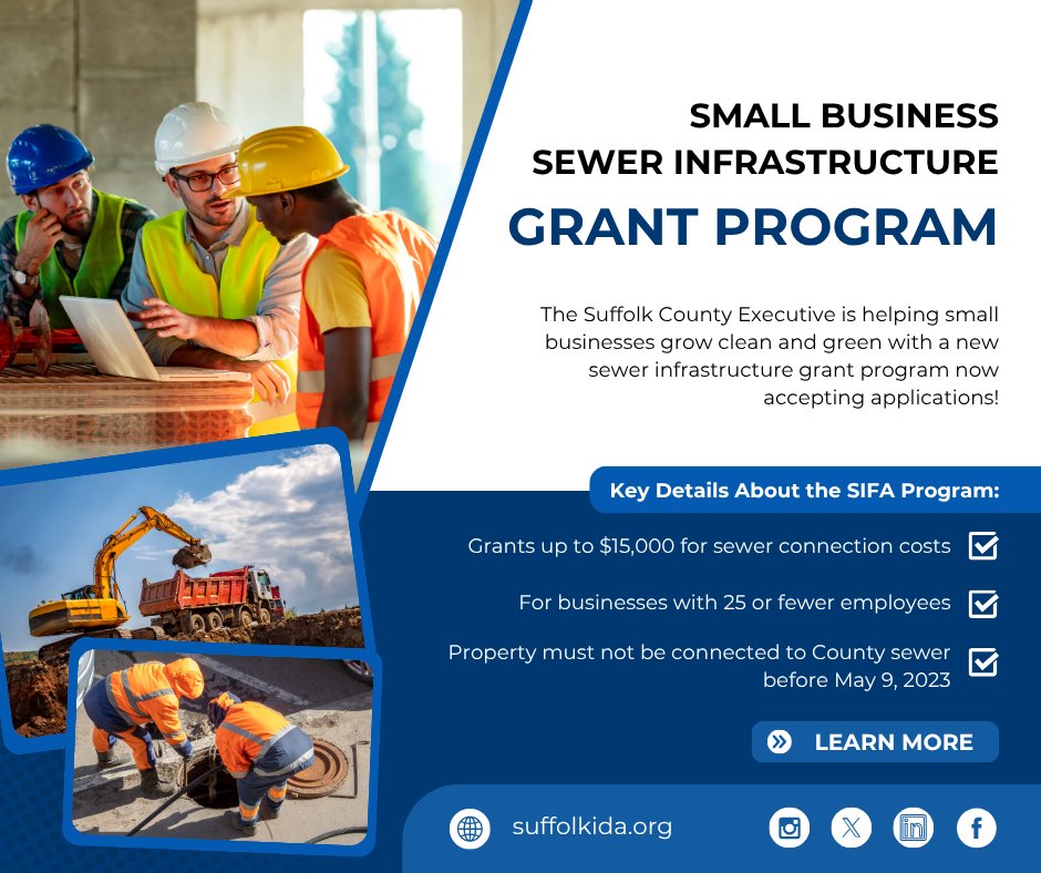 The Sewer Infrastructure Financial Assistance Grant Program is open! Support for small businesses connecting to county sewer districts is now available.
Learn more and apply: ecodev.suffolkcountyny.gov/sifa/
