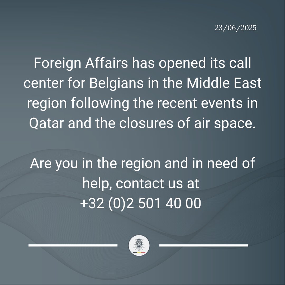 Belgians in the Middle East region are strongly encouraged to:

- register on travellersonline
- closely monitor the security updates in our travel advices

Belgians who encounter problems during a flight transfer should contact their flight company. ⤵️