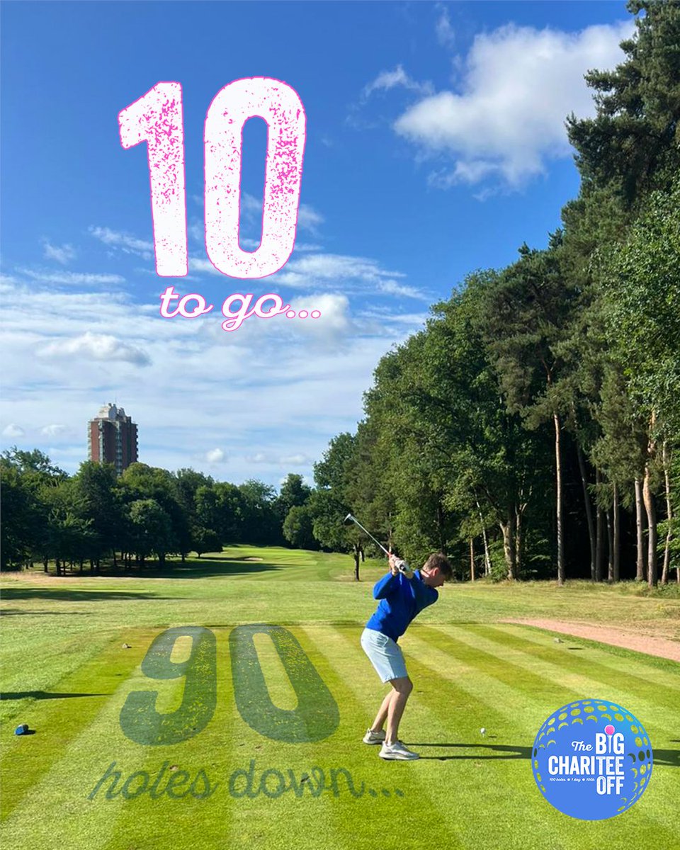 BigChariTeeOff's tweet photo. Our heroic team is 90% of the way through the challenge, with just 10 holes to play.

Outstanding effort and a long old day - all to raise £100K for @ProstateCancerUK and @BreastCancerNow 💙🩷

Please help us club together against cancer at https://t.co/r0Or3w9ppB https://t.co/t6PwHTwnbv