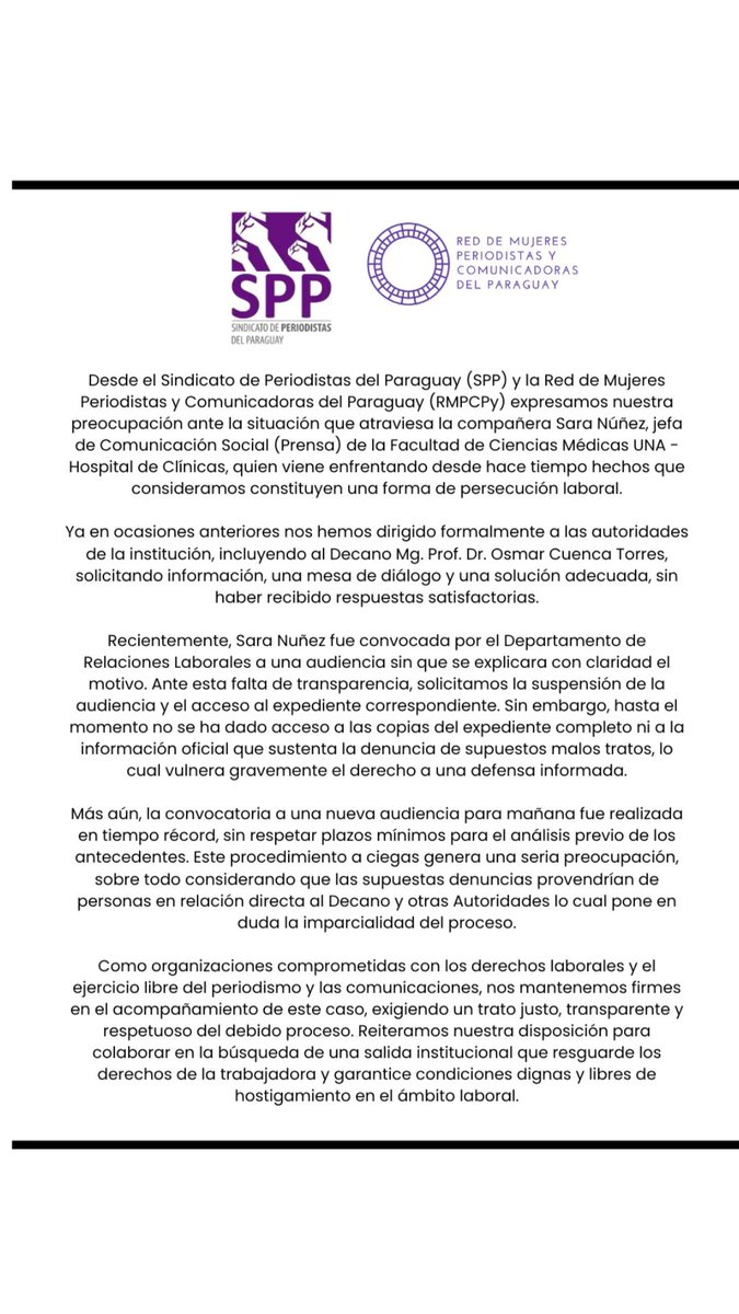 PeriodistasPy's tweet image. El Sindicato de Periodistas del Paraguay (SPP) y la Red de Mujeres Periodistas y Comunicadoras del Paraguay expresamos nuestra preocupación ante la situación que atraviesa la compañera Sara Núñez, jefa de Comunicación Social de la Facultad de Ciencias Médicas UNA.