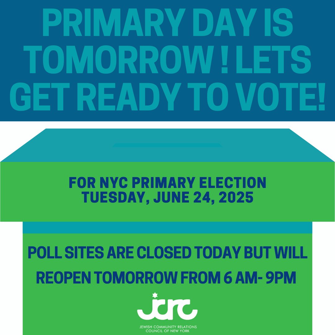 Polls are closed today (June 23), but the last day to vote is TOMORROW, June 24, 6AM–9PM.

🗳️ Use today to prep:
📍 Find poll site: findmypollsite.vote.nyc
📚 RCV: vote.nyc/page/ranked-ch…
👥 Candidates: nycvotes.org/whats-on-the-b… 
🕍 Tools: nycjva.org