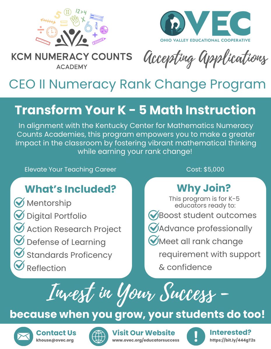 Kathymhouse's tweet image. OVEC is excited to launch our CEO II Numeracy Rank Change for K–5 teachers.  The program empowers you to impact learning fostering vibrant mathematical thinking while earning rank change! Complete the interest form at bit.ly/444gT2s