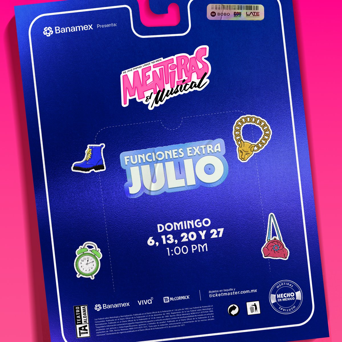 Funciones extra. 💙⚡️

El domingo 6, 13, 20 y 27 de julio tendremos funciones extra de #MentirasElMusical a la 1:00 PM. ¡Anótalo y planea con anticipación tu visita! 😍🩷

Boletos ya disponibles en <a href="/TicketmasterMX/">ticketmaster.mx</a>. ¡Lo juramos! ✋🏼😎

🔗 ticketmaster.com.mx/mentiras-el-mu…
