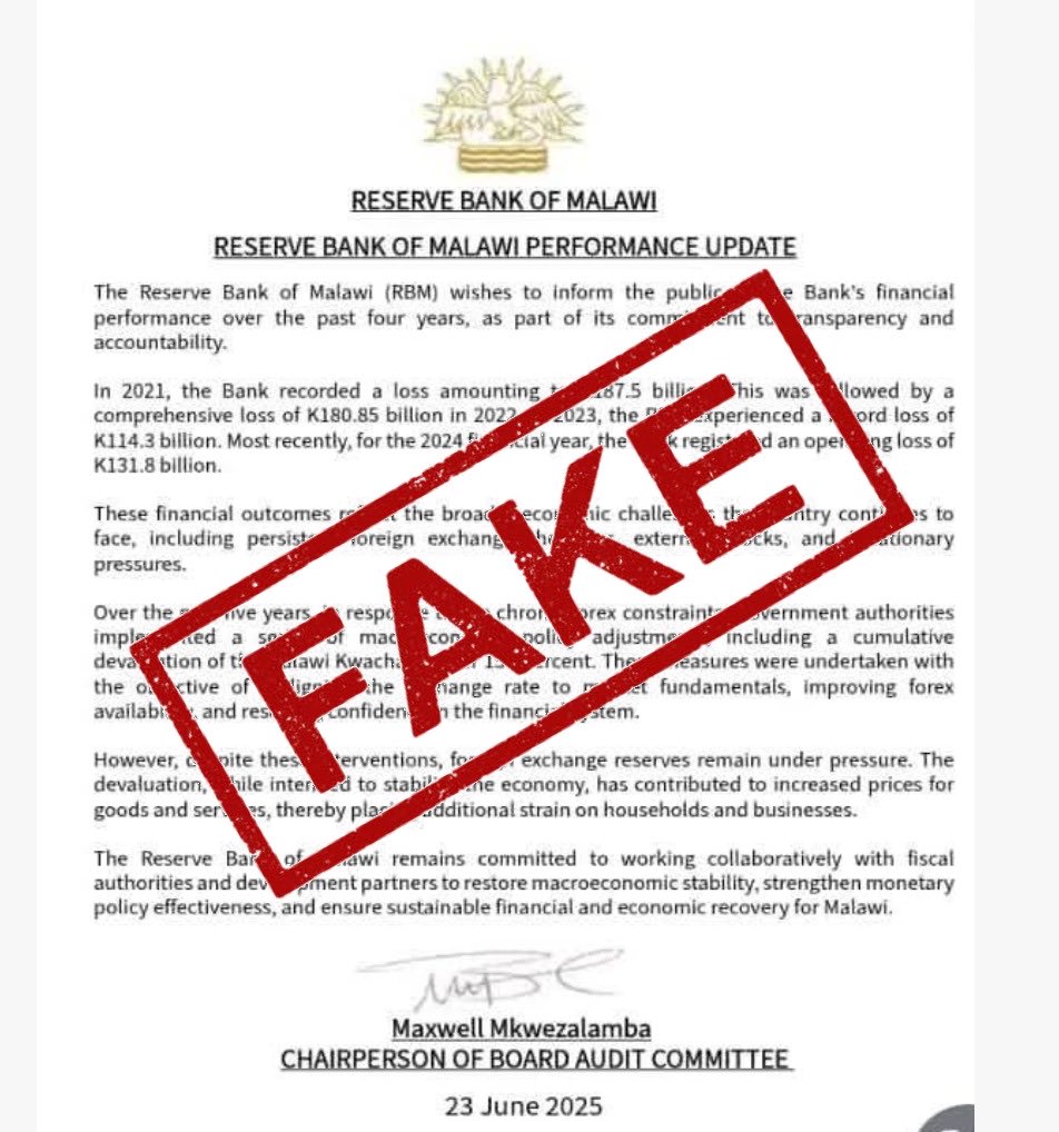🚨 FAKE NEWS ALERT 🚨
A press release falsely attributed to the Reserve Bank of Malawi is circulating online.
📢 Please disregard it and consider it FAKE
✅ For accurate and official updates visit: rbm.mw 
#ReserveBankofMalawi #EconomicUpdate #IVerify