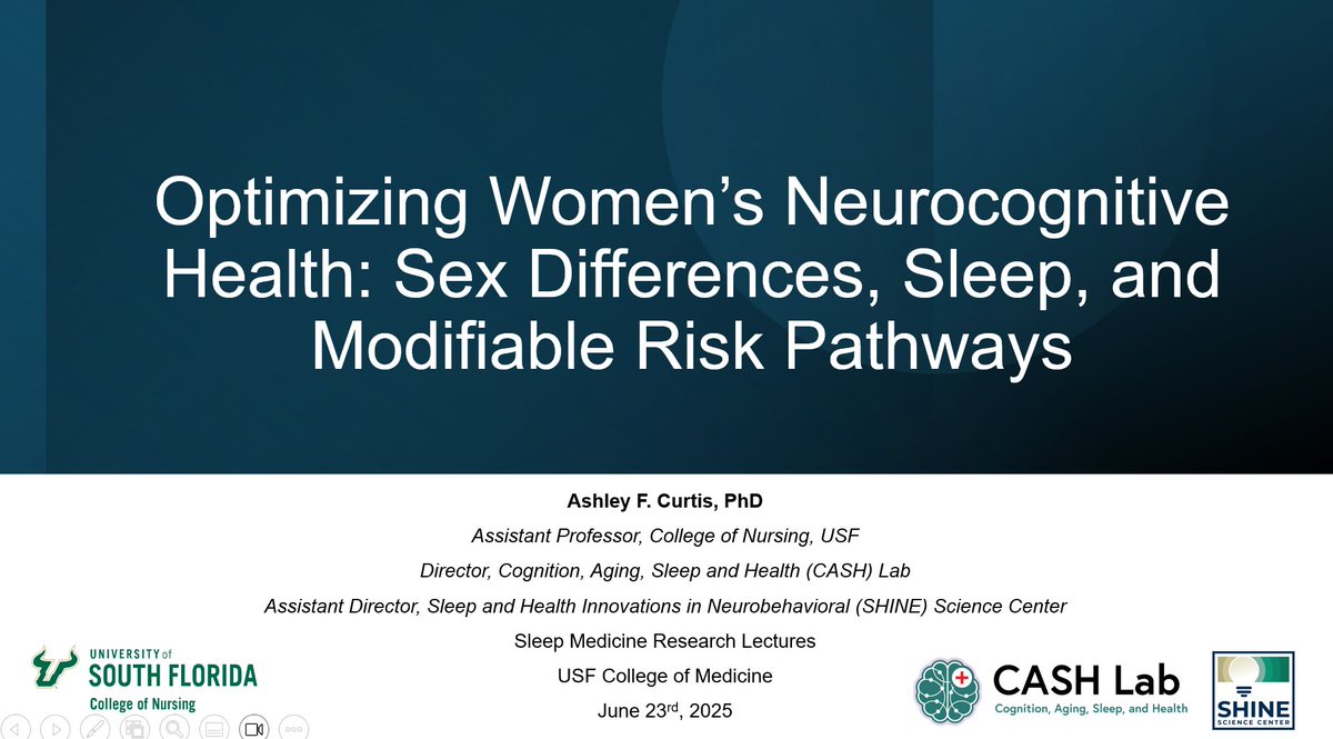 Dr. Ashley F. Curtis (@ashleyfcurtis) on Twitter photo Had a great time presenting at the <a href="/USFHealthMed/">USF Health Medicine</a> Sleep Medicine Research Lecture series today. I shared new updates from my Women's Health Collaborative funded study examining sex-specific sleep & pain risk factors for cognitive dysfunction across menopause. Had a great time presenting at the <a href="/USFHealthMed/">USF Health Medicine</a> Sleep Medicine Research Lecture series today. I shared new updates from my Women's Health Collaborative funded study examining sex-specific sleep & pain risk factors for cognitive dysfunction across menopause.