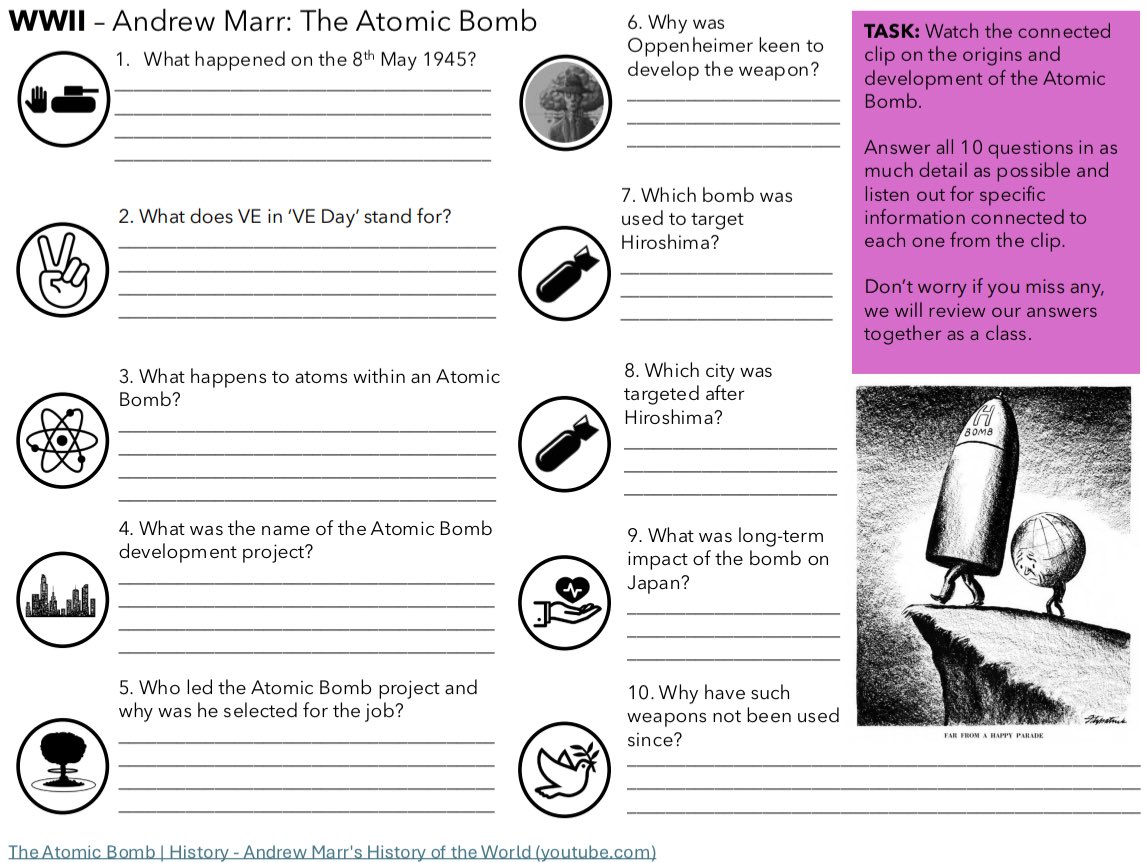 mrfitzhist's tweet image. This year we’ve developed a range of ‘Clip Sheets’ which have helped to make each snippet more meaningful. Students have quality short answers to reflect back on, the set questions promote wider debate and logistically they’ve been excellent for cover work. Win! #historyteacher