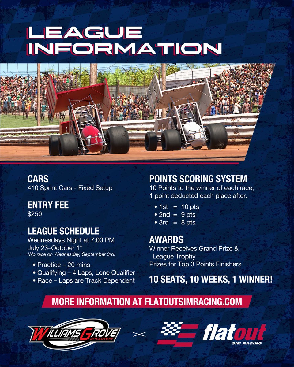 flostatesr's tweet photo. 410s go digital. The Williams Grove iRacing Dirt League is here—presented by Flatout Sim Racing.

💻 Qualify in person, July 1–13. ⏱️ Top 10 lap times get in. 📅 10 weeks. 10 tracks. 1 champion.
🔥 This one’s for the real wheelmen. 

#FOSRUSA #WilliamsGrove https://t.co/S2XCzmoqxQ
