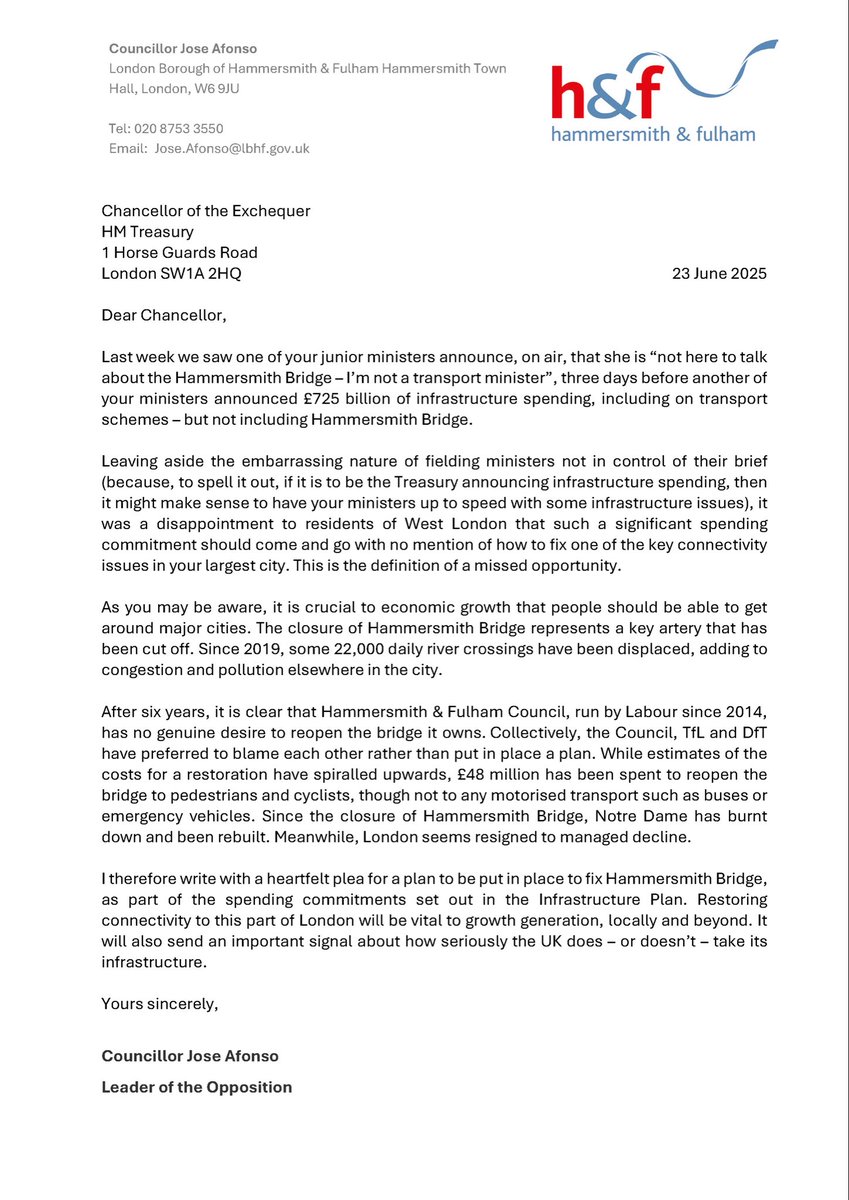 CameraTraffic's tweet image. It is quite clear that @Gov have no intention of reopening Hammersmith Bridge to motor vehicles. See this letter from @JM_Afonso opposition leader @LBHF to @RachelReevesMP requesting an infrastructure plan to reopen this vital link