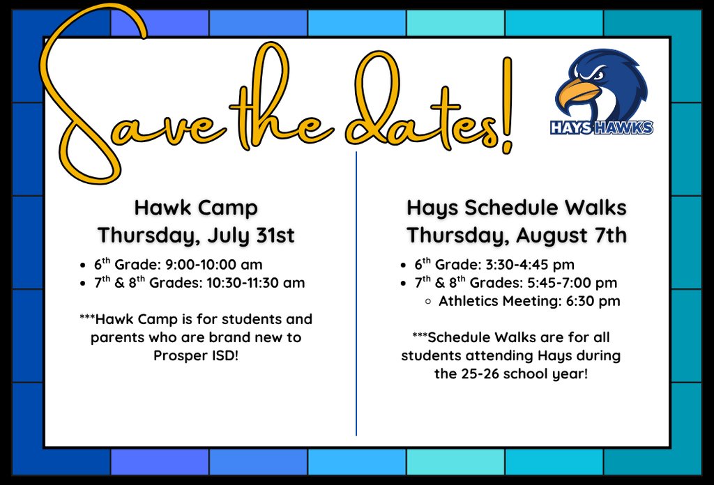 New and returning Hawks: save the dates!