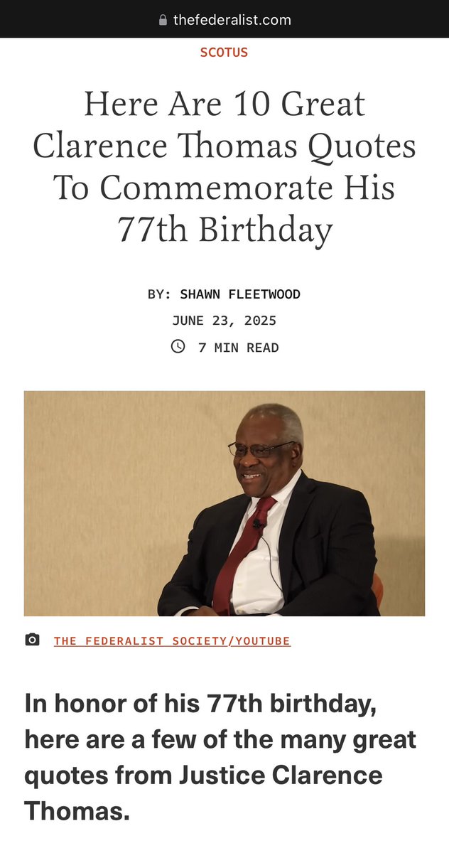 Shawn Fleetwood (@shawnfleetwood) on Twitter photo In honor of his 77th birthday, here are a few of the many great quotes from Justice Clarence Thomas.
My latest <a href="/FDRLST/">The Federalist</a> In honor of his 77th birthday, here are a few of the many great quotes from Justice Clarence Thomas.
My latest <a href="/FDRLST/">The Federalist</a>
