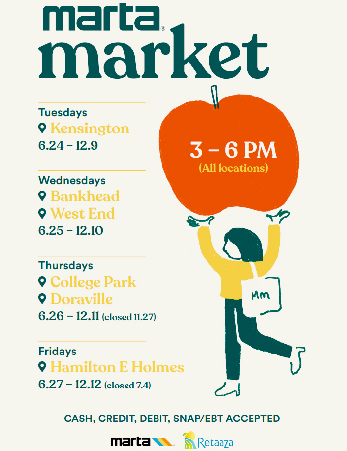 🍑 🍓 Looking for an easy way to grab fresh fruits and vegetables during the week? MARTA Market brings local, affordable produce directly to select MARTA stations!

🕒 Open weekly at these stations from 3–6 PM, starting tomorrow, Tues., June 24:

📍 Tuesdays – Kensington 
📍