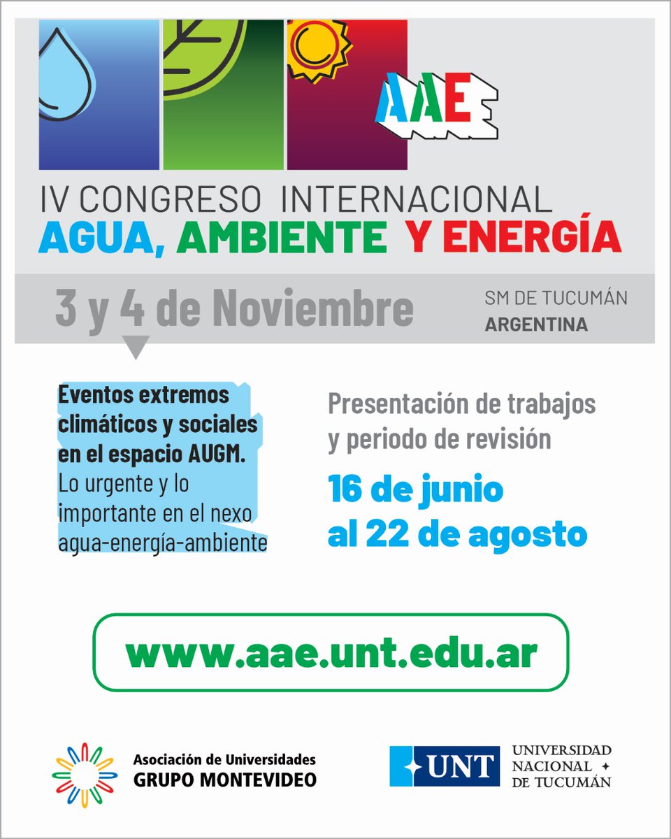 Usach Internacional (@usachinter) on Twitter photo Informamos a las y los investigadores #Usach sobre el lanzamiento del IV Congreso Internacional Agua, Ambiente y Energía de la Asociación de Universidades Grupo Montevideo (#AUGM). Presentación de trabajos hasta el 22 de agosto. 🇦🇷
✉️ caae2025augm@webmail.unt.edu.ar Informamos a las y los investigadores #Usach sobre el lanzamiento del IV Congreso Internacional Agua, Ambiente y Energía de la Asociación de Universidades Grupo Montevideo (#AUGM). Presentación de trabajos hasta el 22 de agosto. 🇦🇷
✉️ caae2025augm@webmail.unt.edu.ar