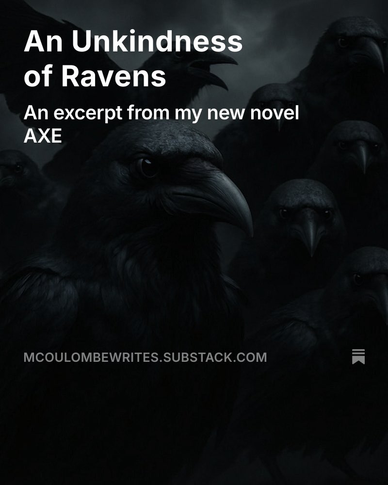 🪓 A new chapter from my horror novel AXE is now on Substack.
It’s called “An Unkindness of Ravens.”

Let’s just say… they’re not just birds in this story.

Read if you dare: mcoulombewrites.substack.com/p/an-unkindnes…

#AXEnovel #HorrorFiction #ThrillerWriters #SubstackFiction