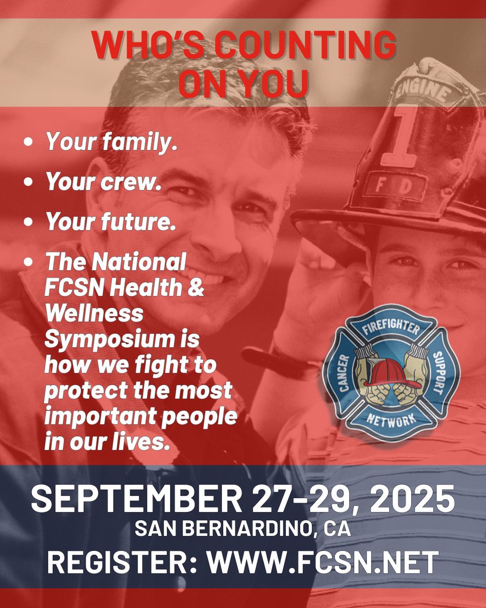 Who’s counting on you?
Your family. Your crew. The next generation.
🎟️ Register: tinyurl.com/3bshjdrz
The FCSN Symposium is how we protect them,by protecting YOU!
📅 Sept 27–29 · San Bernardino, CA
❤️ Share to remind a firefighter why their health matters.
#FCSNSymposium2025