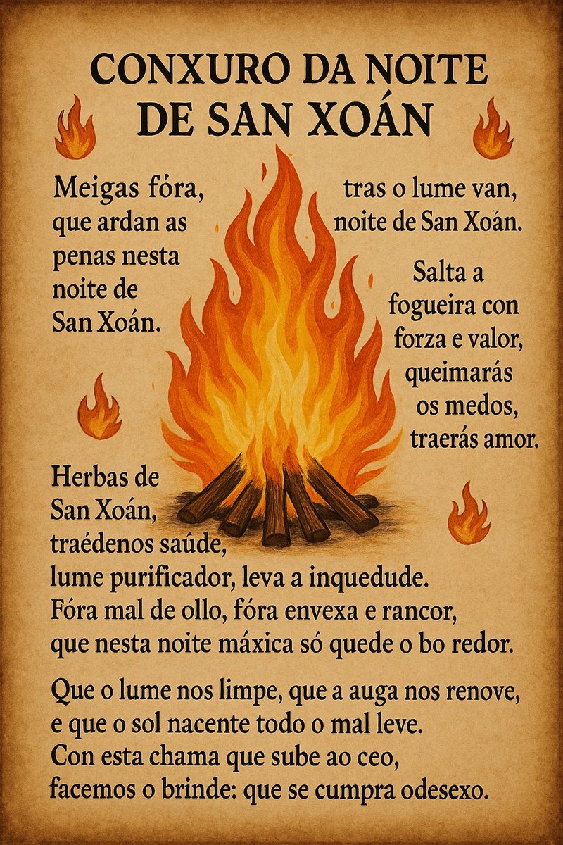 Conjuro tradicional para la Hoguera de San Juan, ideal para recitar alrededor del fuego la noche del 23 al 24 de junio. Está inspirado en los rituales populares gallegos, con un tono mágico y protector:

🔥Conxuro da Noite de San Xoán🔥
(Conjuro de la Noche de San Juan)