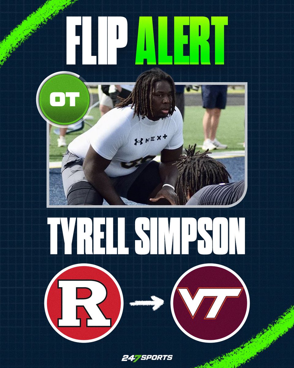 Kolby Crawford (@kolby_crawford) on Twitter photo BREAKING: 3⭐️ OT Tyrell Simpson has flipped his commitment from Rutgers to Virginia Tech
The 6-7 310 tackle from Leland, N.C. originally pledged to Rutgers on May 31
“It's closer to home and I have a great relationship with the coaches.”
Story: 247sports.com/college/virgin… BREAKING: 3⭐️ OT Tyrell Simpson has flipped his commitment from Rutgers to Virginia Tech
The 6-7 310 tackle from Leland, N.C. originally pledged to Rutgers on May 31
“It's closer to home and I have a great relationship with the coaches.”
Story: 247sports.com/college/virgin…