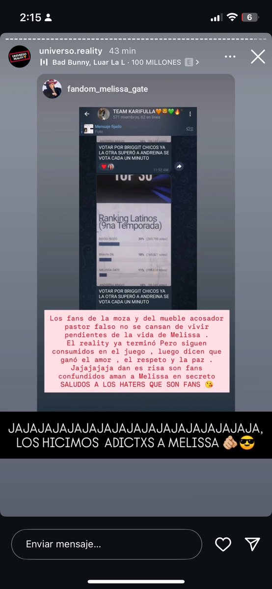 MelGa111's tweet photo. Entonces los Karifollas no tienen los de ellos pa votar y se están dedicando a votar por Briggit solo por ir contra Melissa jajajjaja

Q risa dan. Frustrados y malos “ganadores” no disfrutan su victoria con los suyos… no pueden dejar la obsesión enfermiza con Meli

#PandillaGate https://t.co/xTRX53mLhG