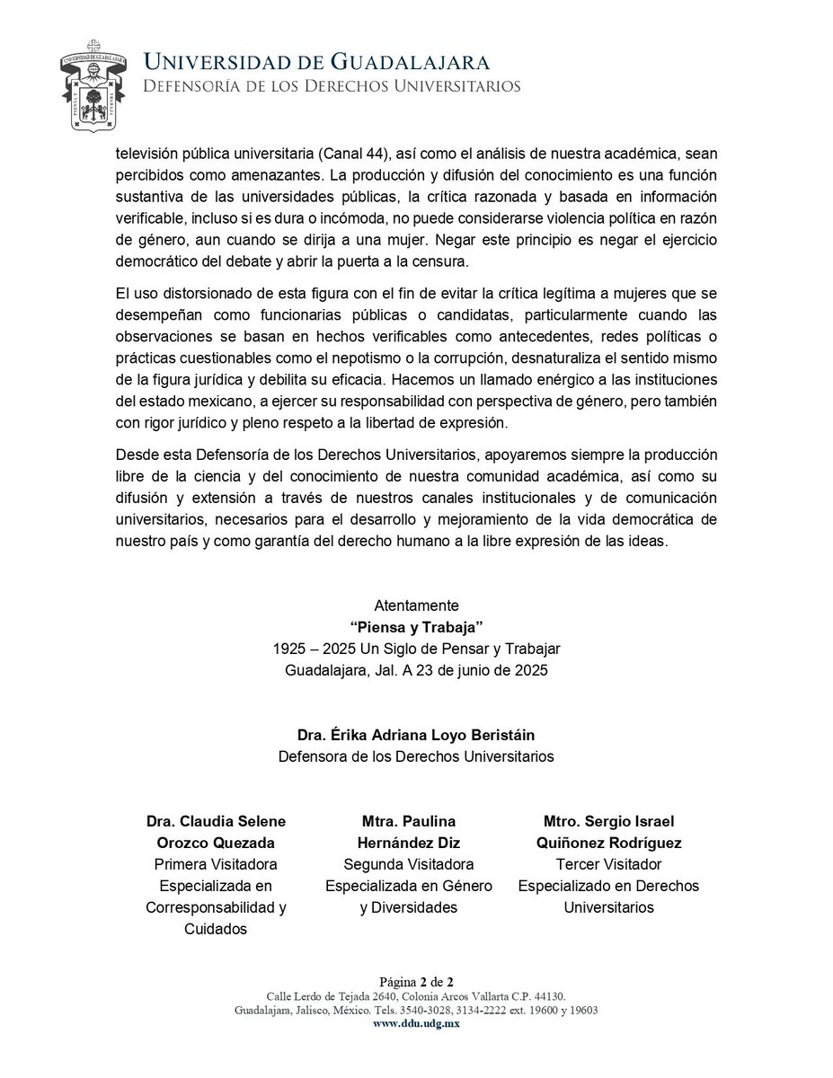 Érika Loyo Beristáin (@erikaloyob) on Twitter photo Desde la <a href="/DDUUDGOFICIAL/">Defensoría de Derechos Universitarios U de G</a> de la <a href="/udg_oficial/">Universidad de Guadalajara</a> emitimos este importante comunicado. Nos parece relevante levantar la voz y hacer un llamado a las autoridades electorales de Veracruz <a href="/ople_Ver/">OPLE Veracruz 🗳️</a>
Nuestro apoyo a la Dra <a href="/celiadelp/">Celia del Palacio</a> y <a href="/CANAL44TV/">Canal 44</a> Desde la <a href="/DDUUDGOFICIAL/">Defensoría de Derechos Universitarios U de G</a> de la <a href="/udg_oficial/">Universidad de Guadalajara</a> emitimos este importante comunicado. Nos parece relevante levantar la voz y hacer un llamado a las autoridades electorales de Veracruz <a href="/ople_Ver/">OPLE Veracruz 🗳️</a>
Nuestro apoyo a la Dra <a href="/celiadelp/">Celia del Palacio</a> y <a href="/CANAL44TV/">Canal 44</a>