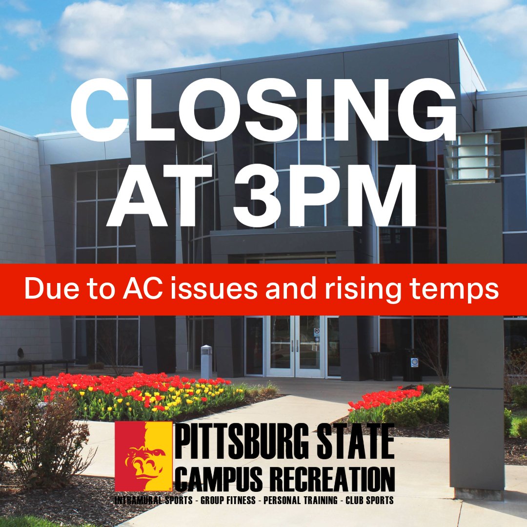 The SRC will be closing today at 3 PM due to a temporary AC issue. With rising temperatures, we’re closing early to keep everyone safe and comfortable. Check back for updates as we try to solve this matter.

#OAGAAG #PSU #pittstate #campuslife #campusrec